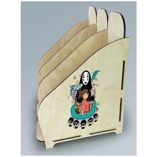 Органайзер лоток, подставка для бумаги, документов деревянная с цветным принтом 3 отделения аниме унесённые призраками Хаяо Миядзаки безликий - 83