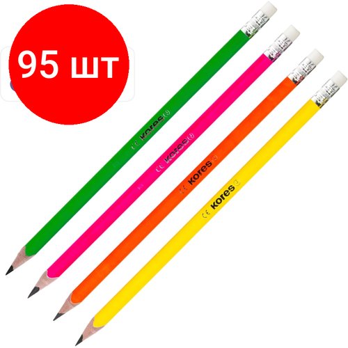 Комплект 95 штук, Карандаш чернографитный Kores Grafitos Neon трехгранный HB с ластиком