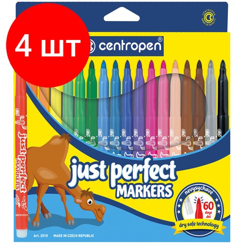 Комплект 4 шт, Фломастеры Centropen 'Just Perfect', 18цв, трехгранные, смываемые, устойч. к высыханию, картон, европодвес