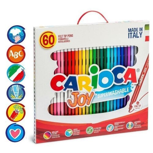 Фломастеры 36 цветов 60 штук, Carioca 'Joy', тонкий наконечник, стойкие, легко смываемые и нетоксичные чернила, макси упаковка, картонный пенал