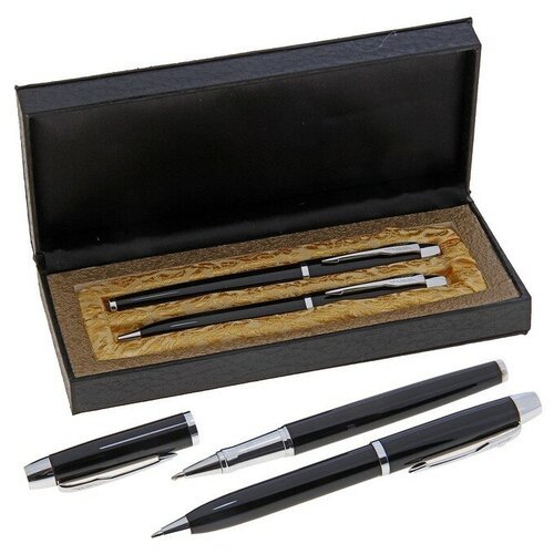 Ручки подарочные, 2 шт: капиллярная, шариковая поворотная 'Вектор' в кожзам футляре, чёрные с серебристыми вставками
