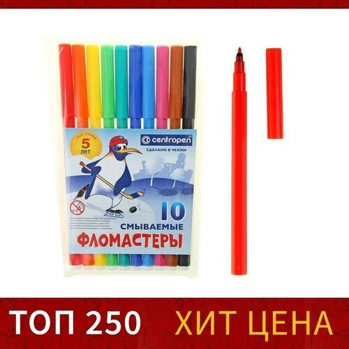Фломастеры 10 цветов, 1.8 мм Centropen 7790 'Пингвины', пластиковый конверт, смываемые