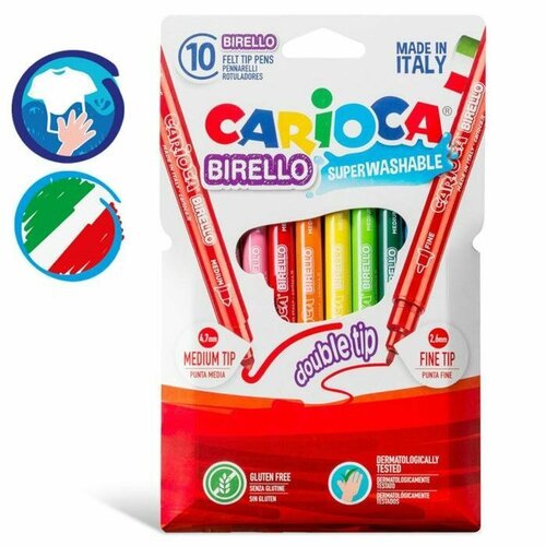 Фломастеры 10 цветов двусторонние Carioca 'Birello' 2.6/4.7 мм, смываемые, картон, европодвес