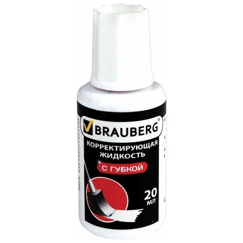 Корректирующая жидкость BRAUBERG “Premium“, 20 мл, с губкой, быстросохнущая, ярко-белая, 224090