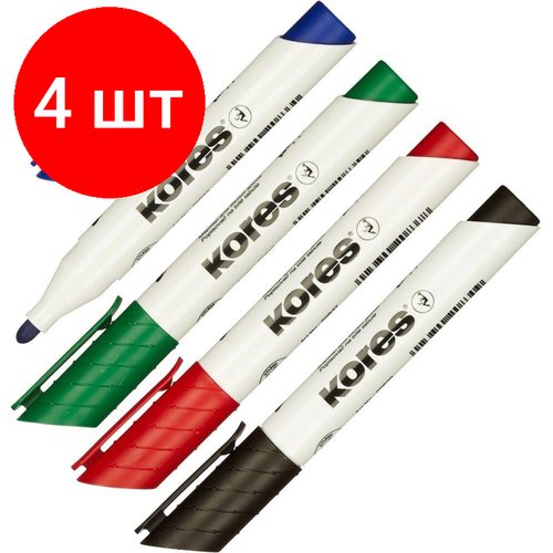 Комплект 4 наб, Набор маркеров для белых досок KORES с губкой 3мм 20863