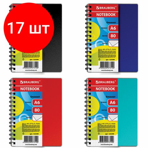 Комплект 17 шт, Блокнот малый формат (105х145 мм) А6, 80 л, гребень сбоку, пластиковая обложка, клетка, BRAUBERG, 'Офисный', 125399