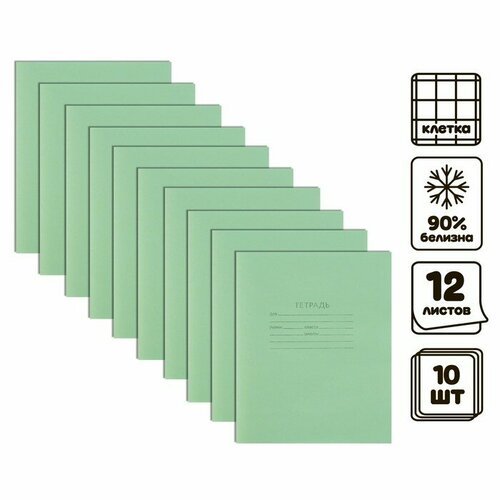 Комплект тетрадей из 10 штук, 12 листов в клетку КПК 'Зелёная обложка', 58-63 г/м2, блок офсет, белизна 90%, 2 штуки
