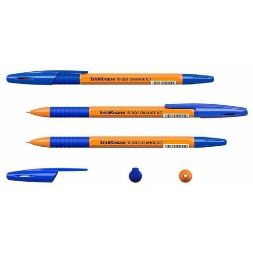Ручка шариковая неавтоматическая ErichKrause R-301 Orange Stick&Grip синяя толщина линии 0.35 мм, 1442230