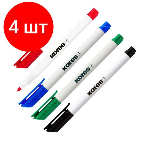 Комплект 4 наб, Набор маркеров для белых досок KORES 4 цв, 2 мм 22840