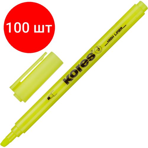 Комплект 100 штук, Маркер текстовыделитель Kores 0.5-3.5 мм скош. након. желт.36201