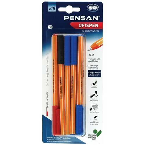 Ручки масляные PENSAN Officepen, набор 10 шт, ассорти, узел 1мм, линия 0,5мм, 1010/B10