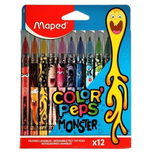 Maped Фломастеры 12 цветов Maped COLOR'PEPS MONSTER, смываемые, с заблокированным пишущим узлом, в картонном футляре