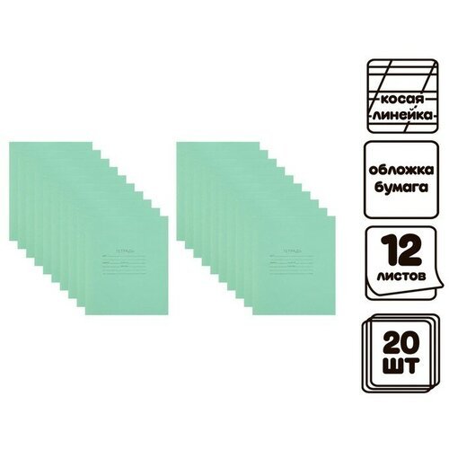 Комплект тетрадей из 20 штук 'Зелёная обложка', 12 листов, в косую линейку, блок №2, белизна 75%