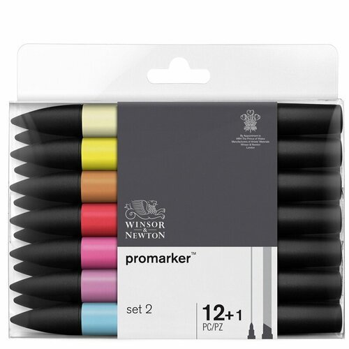 Набор художественных маркеров двухсторонних Winsor&Newton 'Pro', пулевидный/скошенный, 2мм/7мм, 12цв.+1 блендер(2)