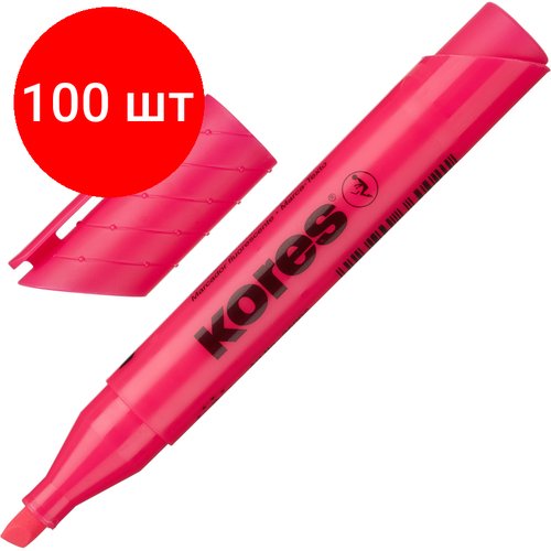 Комплект 100 штук, Маркер текстовыделитель KORES 1-5 мм розовый 36002