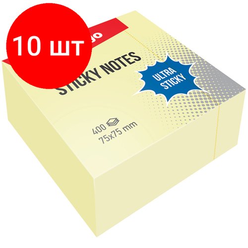 Комплект 10 шт, Самоклеящийся блок Berlingo 'Ultra Sticky', 75*75мм, 400л, пастель, желтый