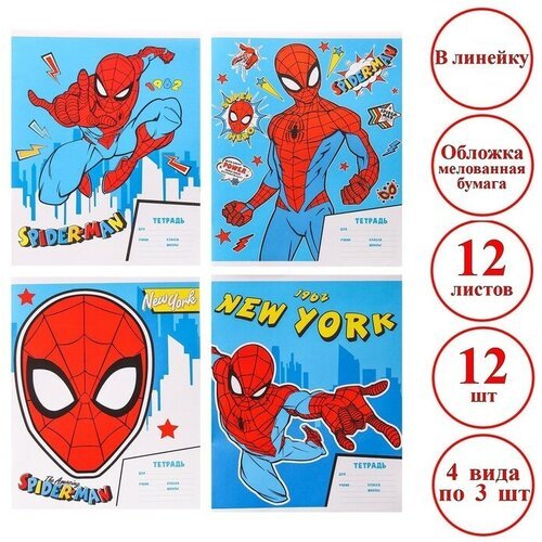 Комплект тетрадей из 12 шт 'Человек-паук', 12 листов, в линейку, обложка бумага мелованная