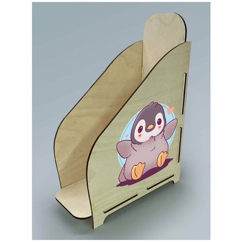 Органайзер лоток, подставка для бумаги, документов деревянная с цветным принтом 1 отделение животные милота пингвин - 3