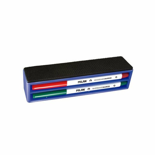 Коробка-ластик на магнитой опоре с маркерами 'Milan' для белых досок 4 цв. перо круглое 165894 черный, синий, красный и зеленый