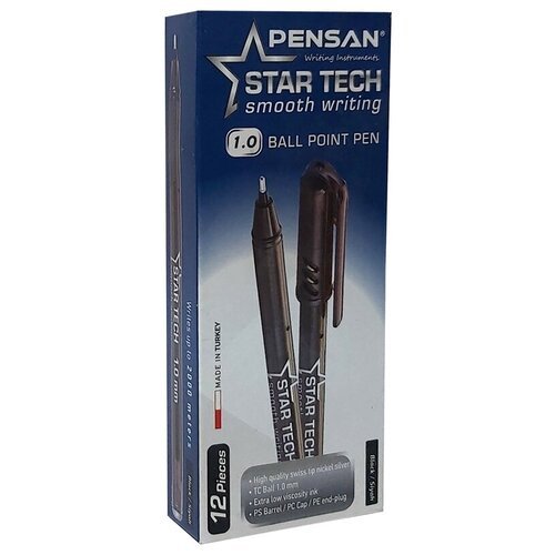 Pensan Набор шариковых ручек Star Tech 1 мм, черный цвет чернил, 12 шт.