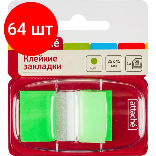 Комплект 64 штук, Клейкие закладки пласт. 1цв. по 25л. 25ммх45 зелен Attache