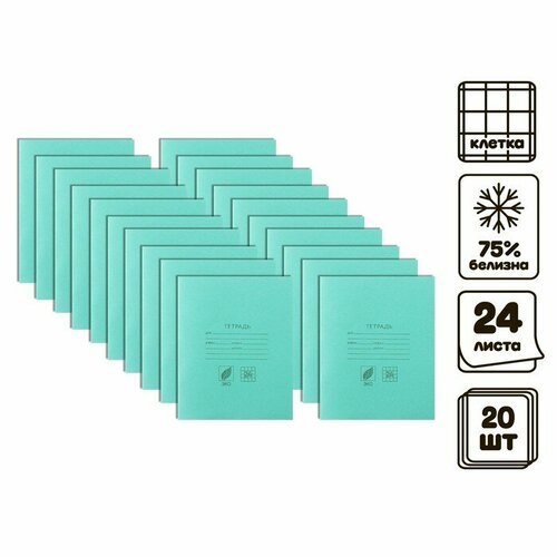 Комплект тетрадей из 20 штук 24 листа в клетку Зелёная обложка, блок №2, 60 г/м2, белизна 75%