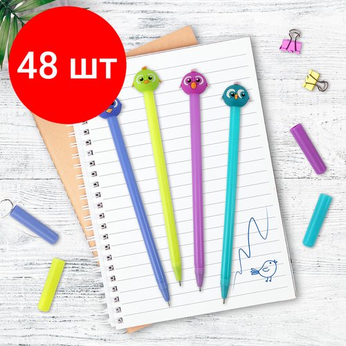 Комплект 48 шт, Ручка с топпером шариковая масляная юнландия 'Птенец', корпус ассорти, синяя, пишущий узел 0.7 мм, 143811