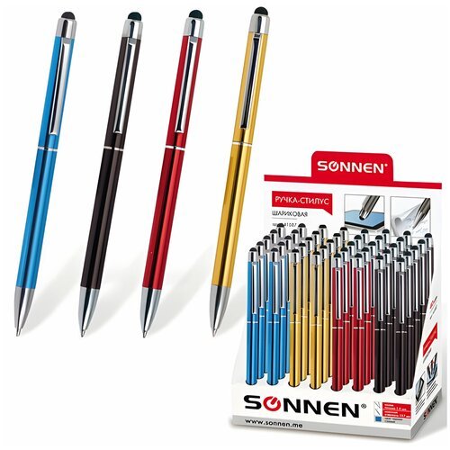Ручка-стилус SONNEN для смартфонов/планшетов, синяя, корпус серебристые детали, линия письма 1 мм, 141587