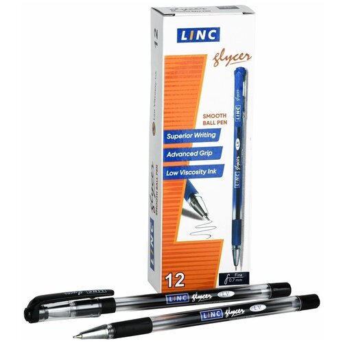 Ручка шариковая LINC Glycer 0,7 мм черная резиновый грип (упаковка 12шт)