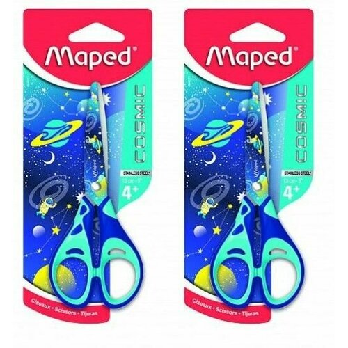 MAPED Ножницы детские Cosmic Kids, Безопасные, 130 мм эргономичные ручки, пластиковые с резиновыми вставками, с принтом на лезвиях, 2 шт