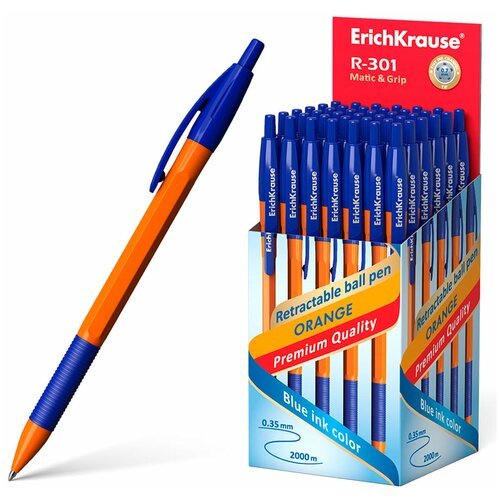 Ручка шариковая автоматическая с грипом ERICH KRAUSE 'R-301 Orange', синяя, 1,0 мм, линия письма 0,5 мм, 46762