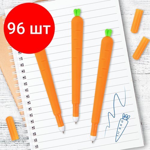 Комплект 96 шт, Ручка фигурная шариковая юнландия 'Морковка', мягкий силиконовый корпус, синяя, пишущий узел 0.7 мм, 143778