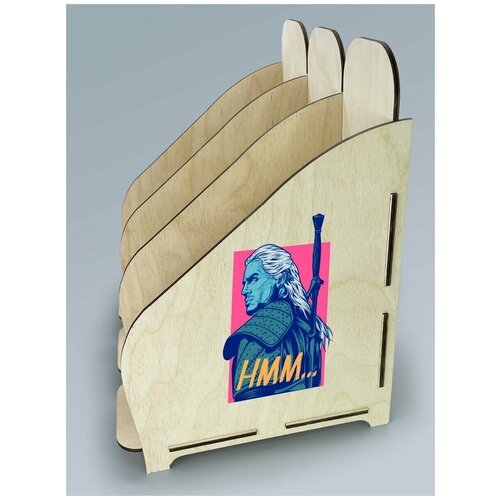 Органайзер лоток, подставка для бумаги, документов деревянная с цветным принтом 3 отделения игры ведьмак геральт школа волка - 79