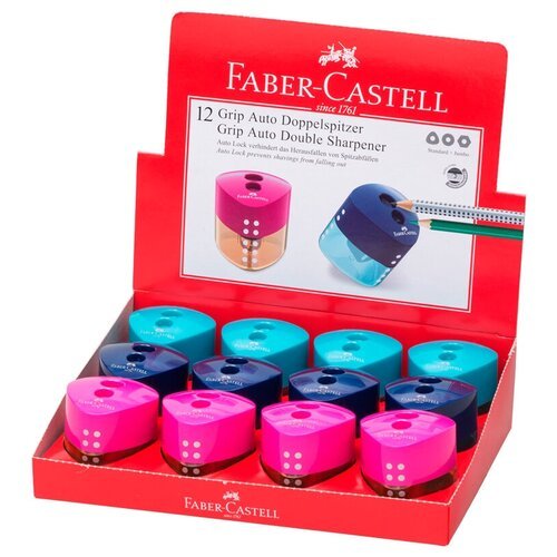 Точилка пластиковая со 'шторкой' Faber-Castell 'Grip Auto' 2 отверстия, контейнер, розовая/бирюзовая/синяя - 2 шт.