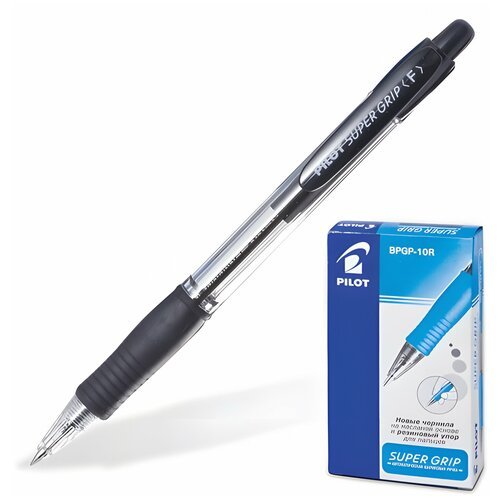 Ручка шариковая масляная автоматическая с грипом PILOT 'Super Grip', черная, узел 0,7 мм, линия письма 0,32 мм, BPGP-10R, BPGP-10R-F В комплекте: 12шт.