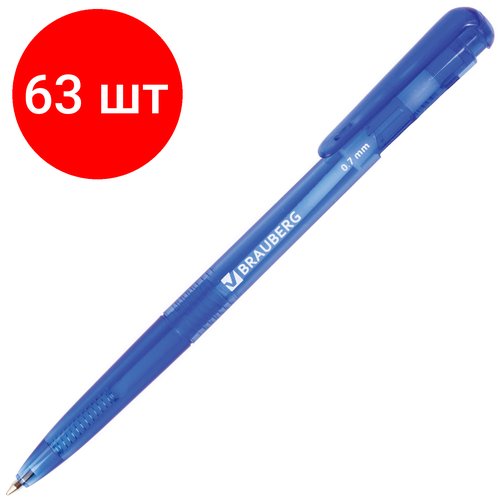 Комплект 63 шт, Ручка шариковая автоматическая BRAUBERG 'Dialog', синяя, корпус тонированный синий, узел 0.7 мм, линия письма 0.35 мм, 141509
