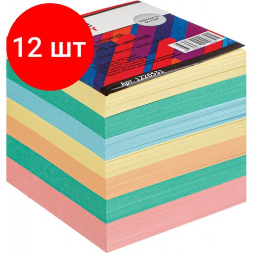 Комплект 12 штук, Блок для записей Attache Economy запасной 7.5х7.5х7.5, 5 цветов, 65 г