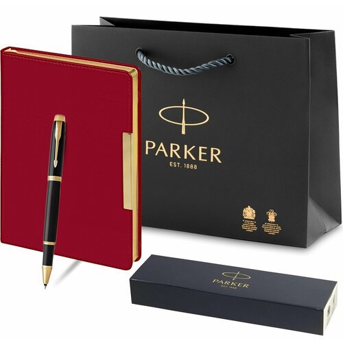 Набор подарочный, Parker ручка роллер модель IM Black GT, черный лаковый корпус с золотой отделкой, ежедневник красный с золотом