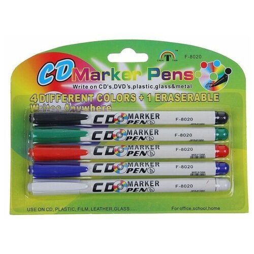 Набор маркеров для CD/DVD, 5 цветов: красный, чёрный, синий, зелёный, стирающий, 2.0 мм, на блистере