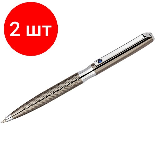 Комплект 2 шт, Ручка шариковая Delucci 'Taglia' синяя 1.0мм, корпус оружейный металл/серебро, с кристалл, подарочная упаковка