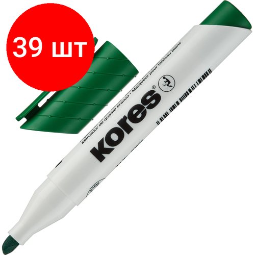 Комплект 39 штук, Маркер для белых досок KORES зеленый 3-5 мм скошенный наконечник 20855