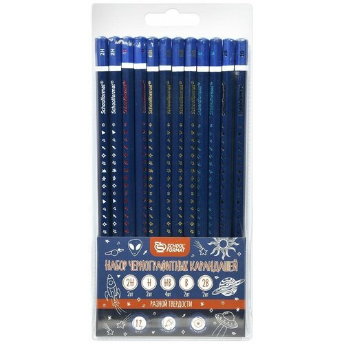 Набор чернографитных карандашей, корпус деревянный Schoolformat 12 шт. 2H/H/B/2B - по 2 шт, HB - 4 шт. заточенные, шестигранные