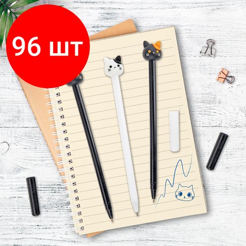 Комплект 96 шт, Ручка с топпером шариковая масляная юнландия 'Кошка', корпус ассорти, синяя, пишущий узел 0.7 мм, 143804