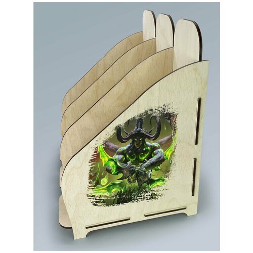 Органайзер лоток, подставка для бумаги, документов деревянная с цветным принтом 3 отделения игры варкрафт вов wow иллидан - 98