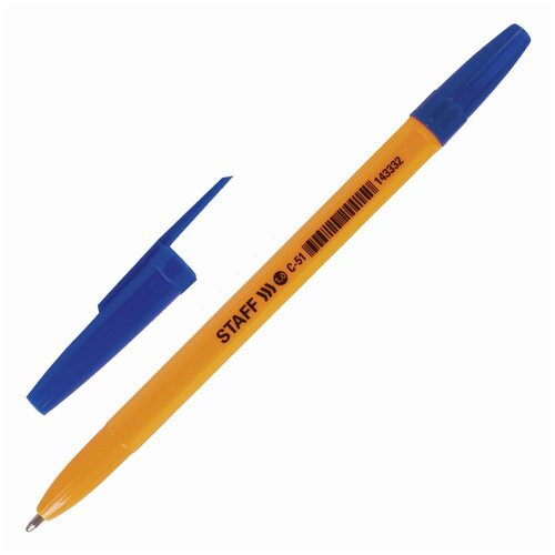 Ручка шариковая STAFF 'C-51', синяя, корпус оранжевый, узел 1 мм, линия письма 0,5 мм, 143332 В комплекте: 100шт.