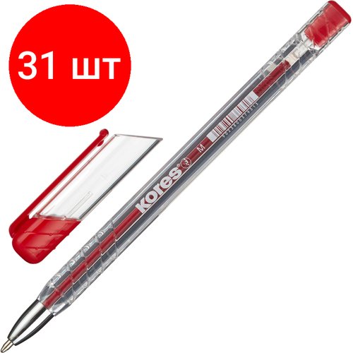 Комплект 31 штук, Ручка шариковая неавтомат. KORES К11 неавт M(1мм) масляная, красная