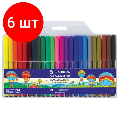 Комплект 6 шт, Фломастеры BRAUBERG 'академия', 24 цвета, вентилируемый колпачок, ПВХ упаковка, 151413