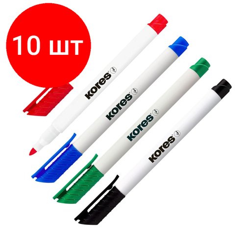 Комплект 10 наб, Набор маркеров для белых досок KORES 4 цв, 2 мм 22840