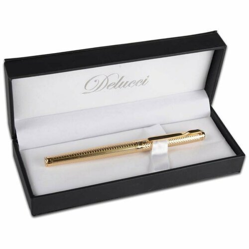 Ручка-роллер 'Delucci' синяя, 0,6мм, корпус золото, подарочный футляр