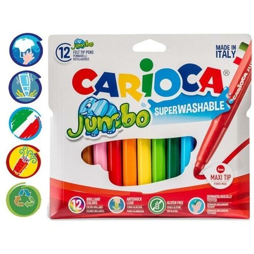 Фломастеры 12 цветов Carioca Jumbo, 5.0 мм, утолщенные, смываемые, увеличенный ресурс, суперяркие, европодвес